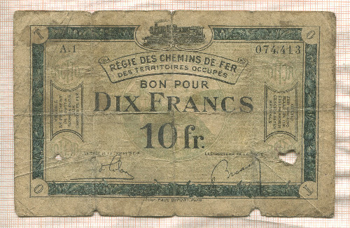 10 франков. Французский выпуск для оккупированных территорий Рейнланда 1923г