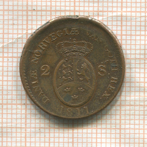 2 скиллинга. Дания (сдвиг штампа) 1811г