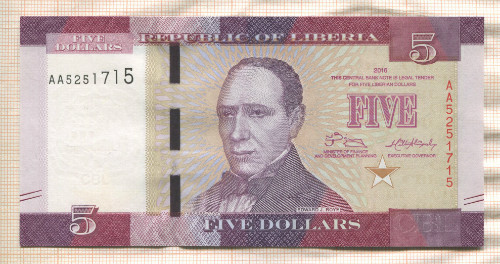 5 долларов. Либерия 2016г