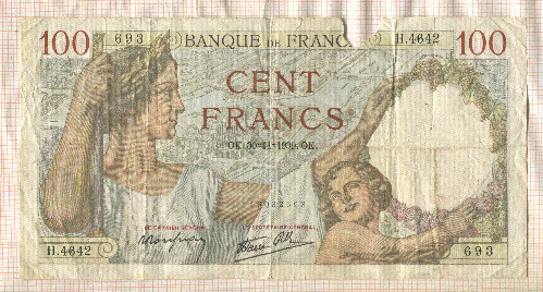 100 франков. Франция 1939г