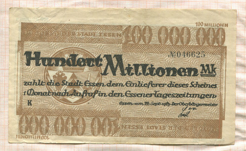 100000000 марок. Германия 1923г
