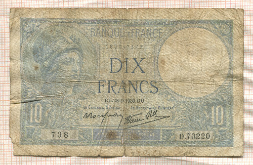 10 франков. Франция 1939г