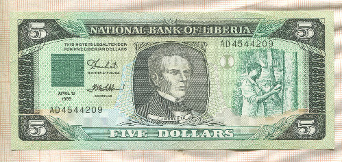 5 долларов. Либерия 1989г