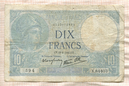 10 франков. Франция 1941г