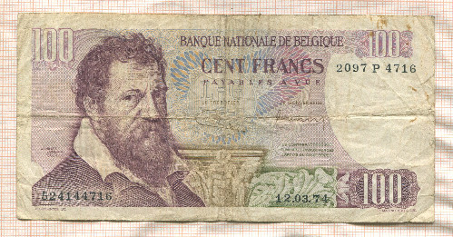 100 франков. Бельгия 1974г
