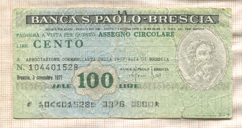 100 лир. Италия. Банковский чек 1977г