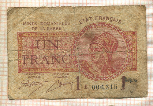 1 франк. Французский оккупационный выпуск в Сааре 1920г
