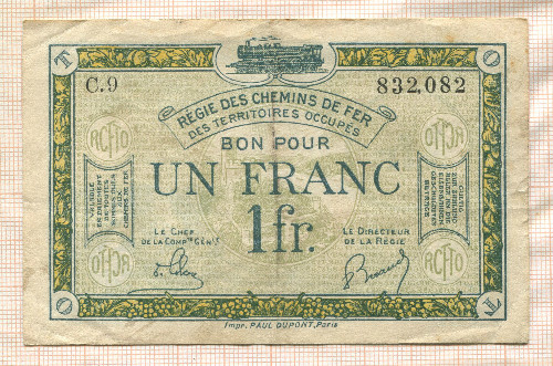 1 франк. Французский выпуск для оккупированных территорий Рейнланда. 1923г
