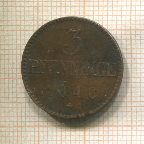3 пфеннинга. Мекленбург-Шверин 1848г