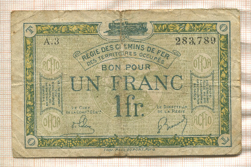 1 франк. Французский выпуск для оккупированных территорий Рейнланда 1923г
