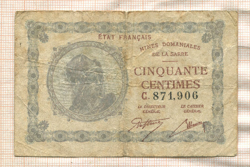 50 сантимов. Французский оккупационный выпуск в Сааре 1920г