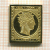 Позолоченная серебряная реплика почтовой марки "Голова Гермеса". Греция 1861 года.